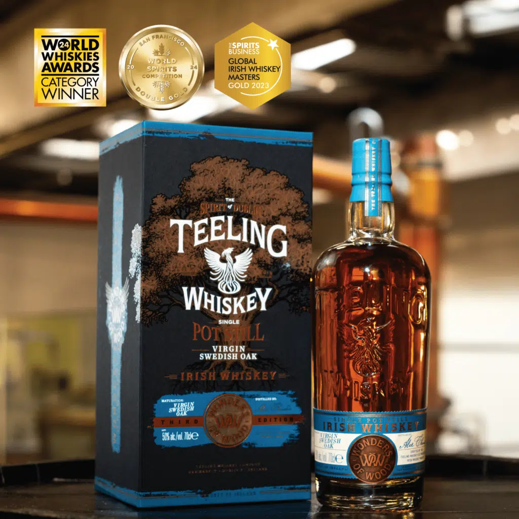 Teeling Wonders of Wood 3 Swedish Oak with awards from WWA 2024, San Francisco Spirits Awards 2024 and Irish Whiskey Masters 2023